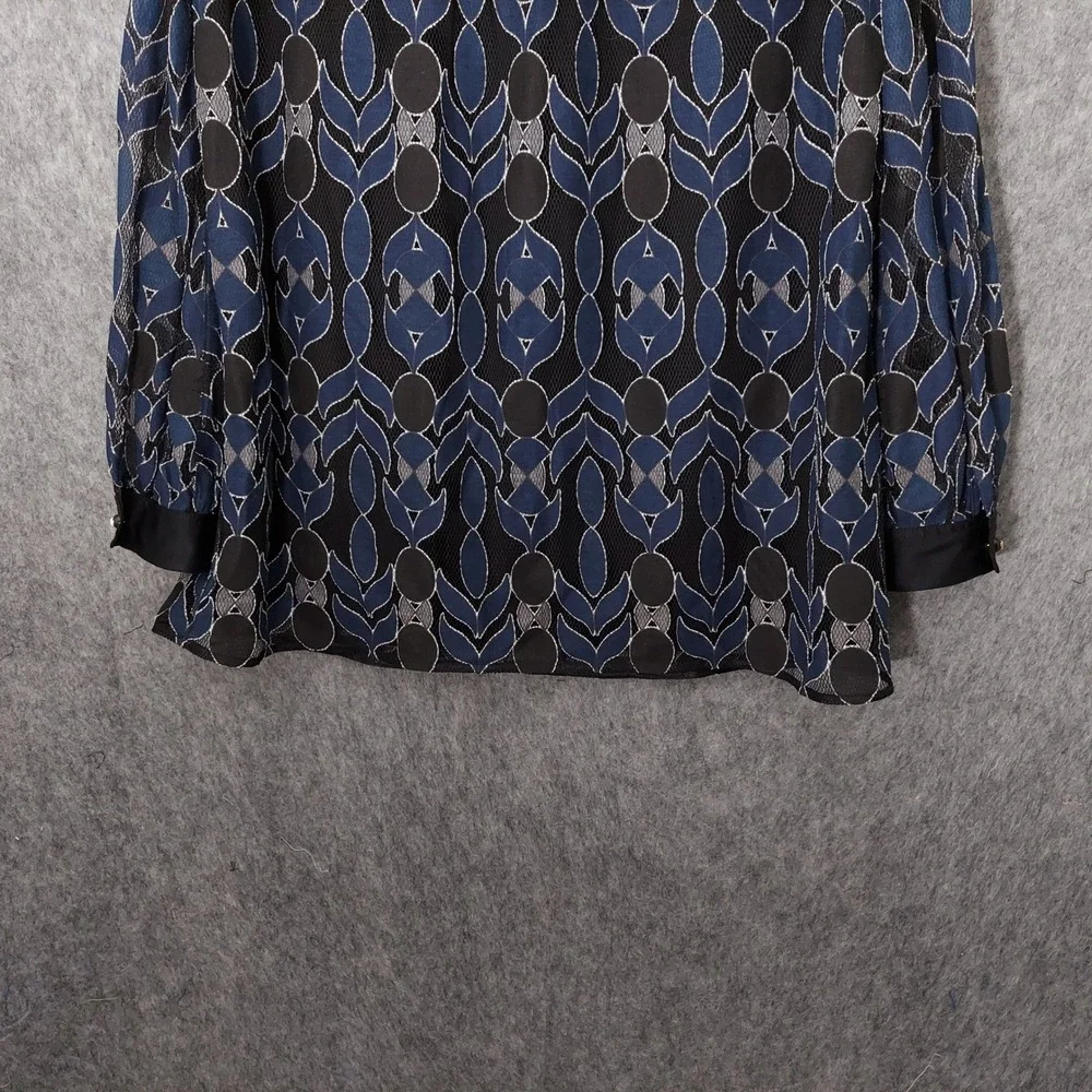 Tory Burch Harbor Silk Tunic L Blue Mesh Appliqué Lined Neck Long Sheer Sleeve